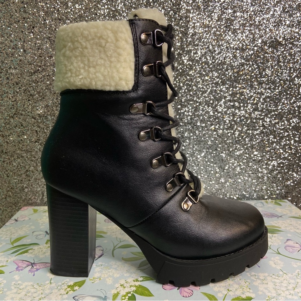Faux Fur/ Leather Chunk Heel Combat Boots - Picture 6 of 10